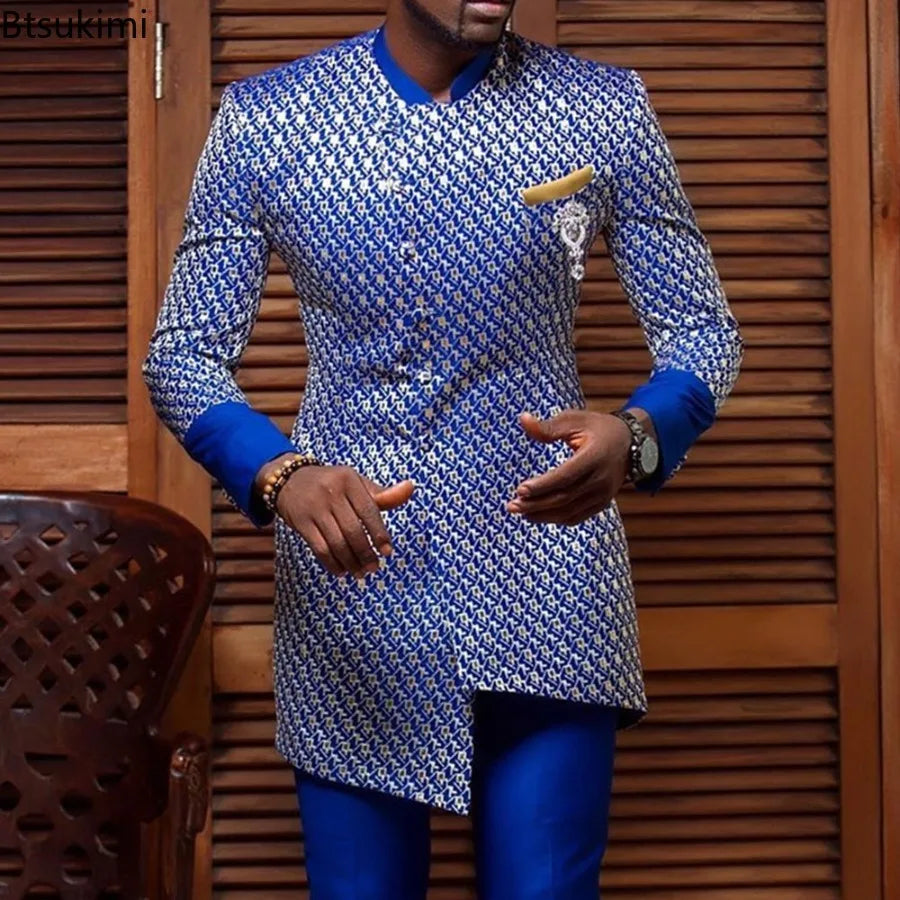 Ethnic Style African Tribal Men Shirts Round Neck Long Sleeve Business Casual Slim Blouses Comfy Traditional Long Tops Gentleman