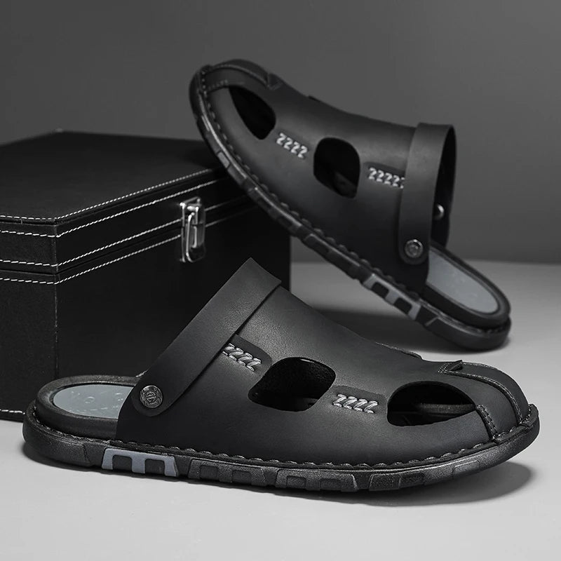 New Men's Leather Sandals Summer Slippers Beach Sandals Hollow Fashion Comfortable Outdoor Leisure Sports Sandals Large Shoes