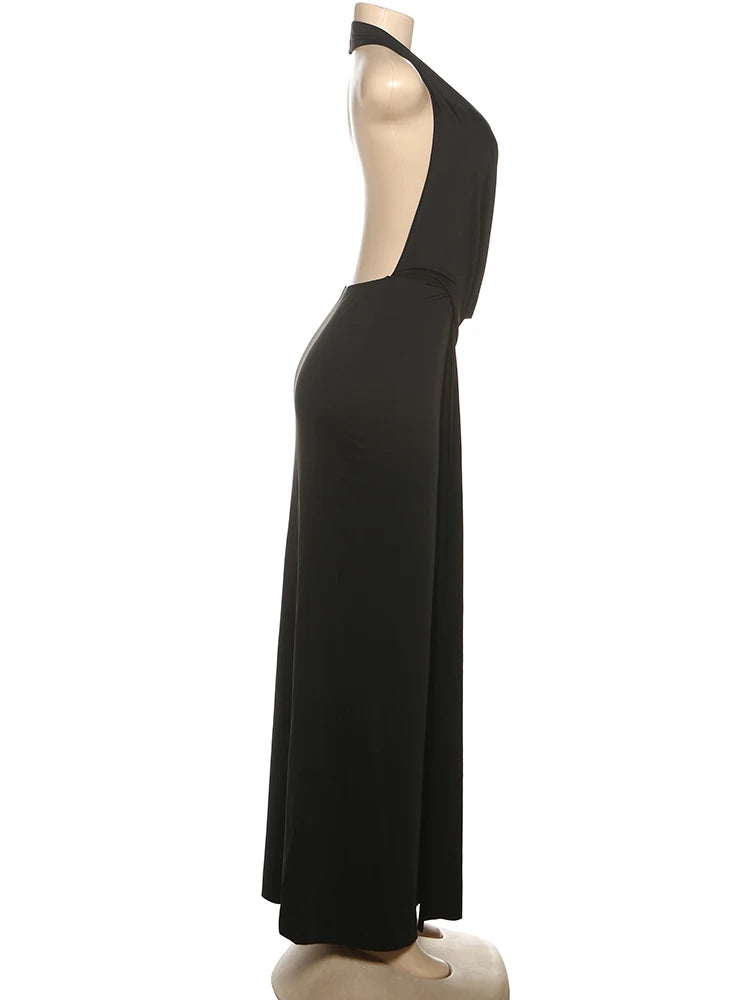 Weird Puss Sexy Backless Long Dress Women Halter Deep V-Neck Sleeveless High Splits Hem New Trend Pool Style Elegant Vestidos BAZAARHUBO