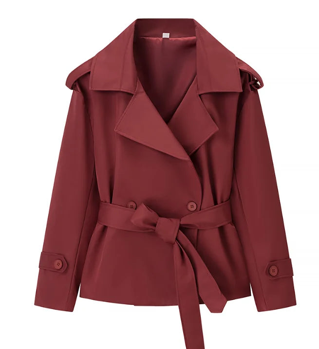 Lace Up Cropped Trench Coat Fashion Women Lapel Long Sleeves Wide Shoulder Windbreaker Jacket Lady 2026 Spring Commuting Outwear