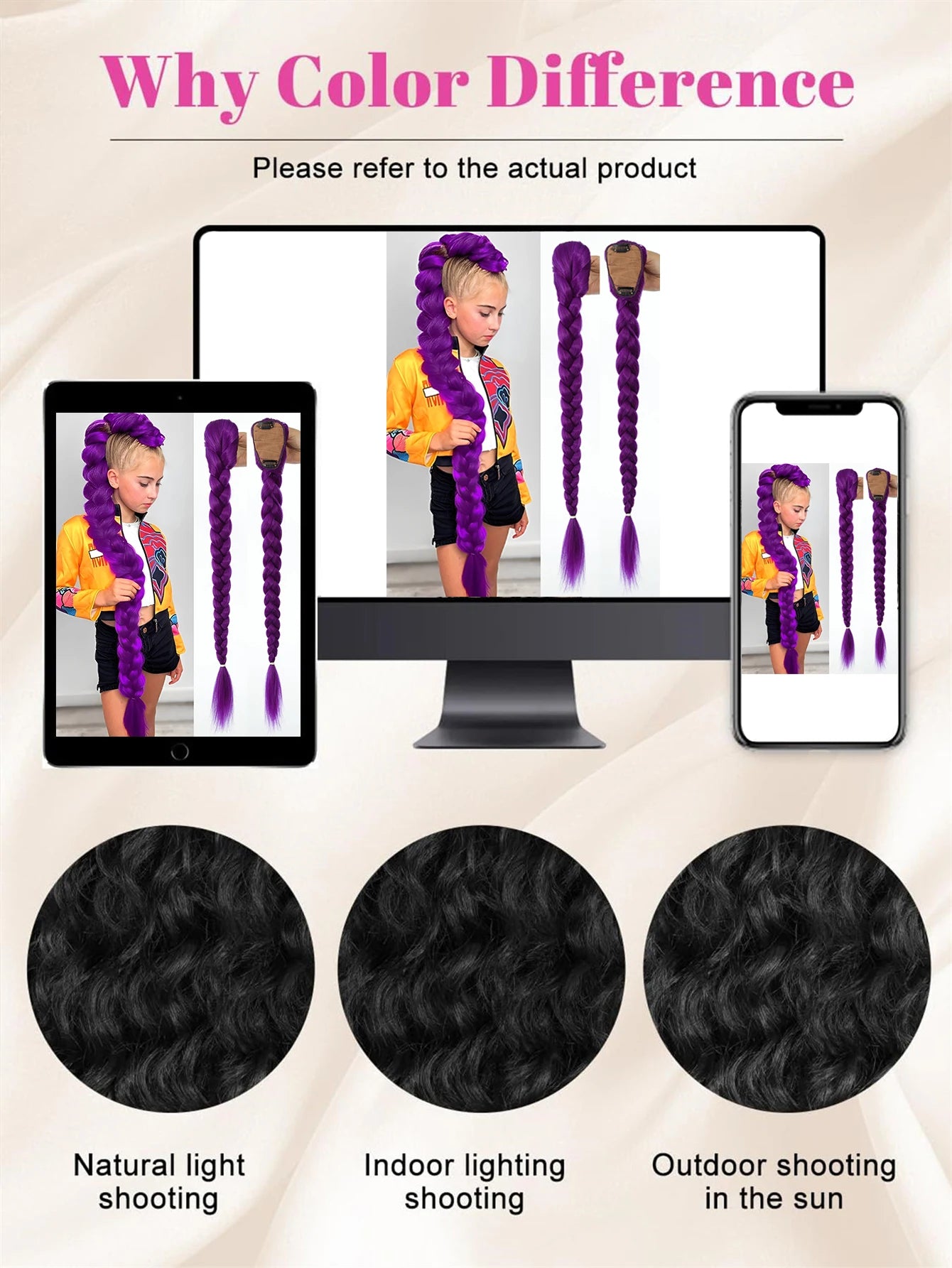 Synthetic 26inch Long Ponytail with Clips Braided Purple Hair Ponytail Rumi Costume Hairstyle for Kids Girls Halloween Christmas