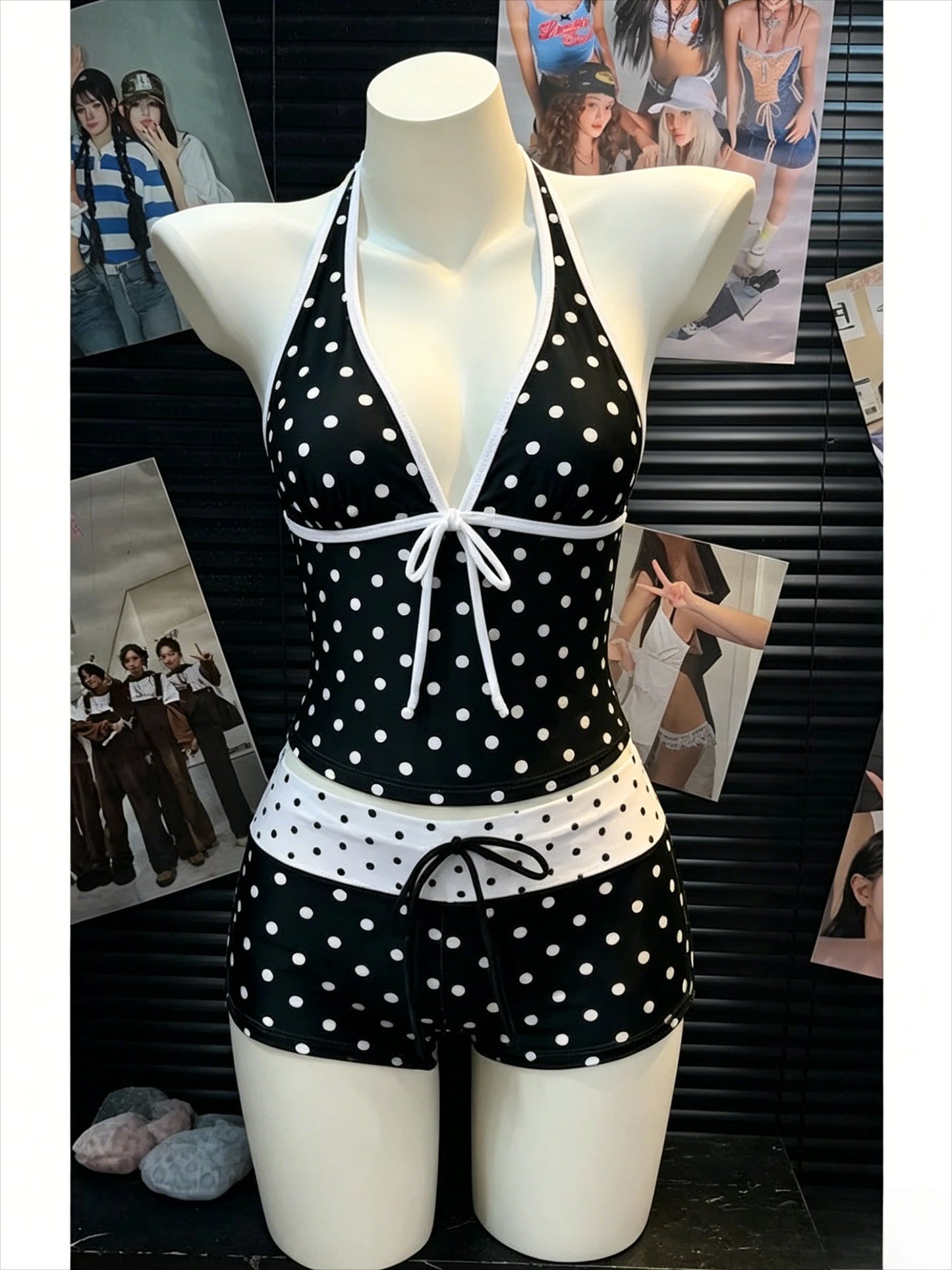 V-Neck Beach Style Bikini Swimwears Women 2-Piece Tankini Suits Halter Tie Cami Top Bodycon Contrast Waistband Swim Beachwear