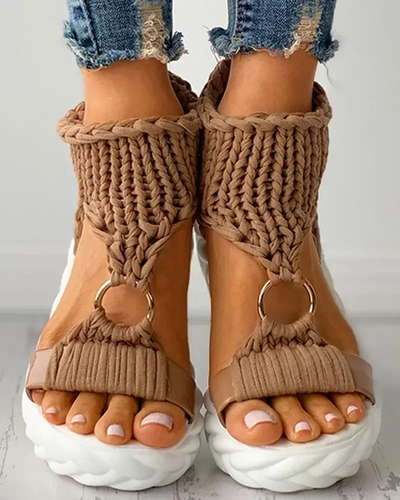 Sandals Women's Braided Knit O-Ring Cutout Platform Summer Gladiator Sandals Shoes Thick Heels Ladies White Sandalias Casual