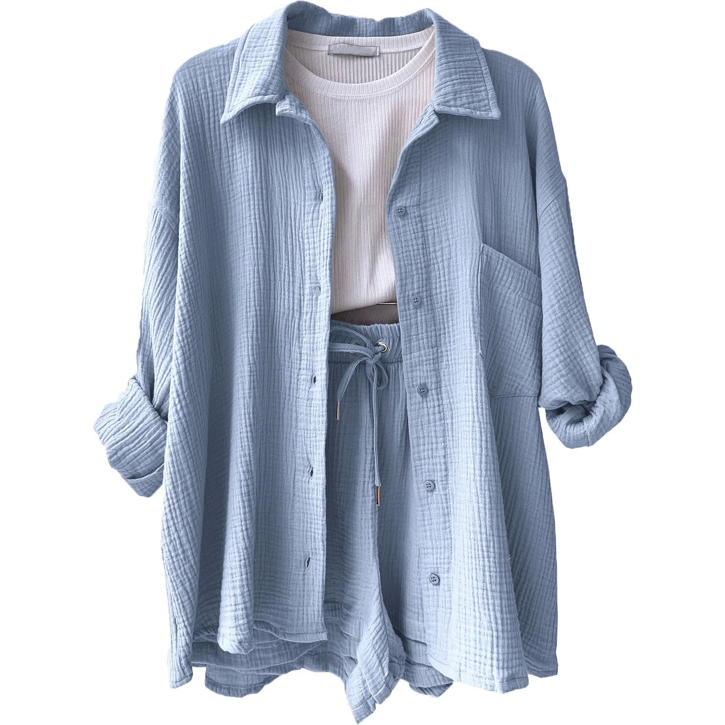 Casual Sleepwear 100% Cotton Pajamas For Women Sets Suit Turn-Down Collar Nine Quarter Sleeve Sleep Tops Shorts Female Homewear