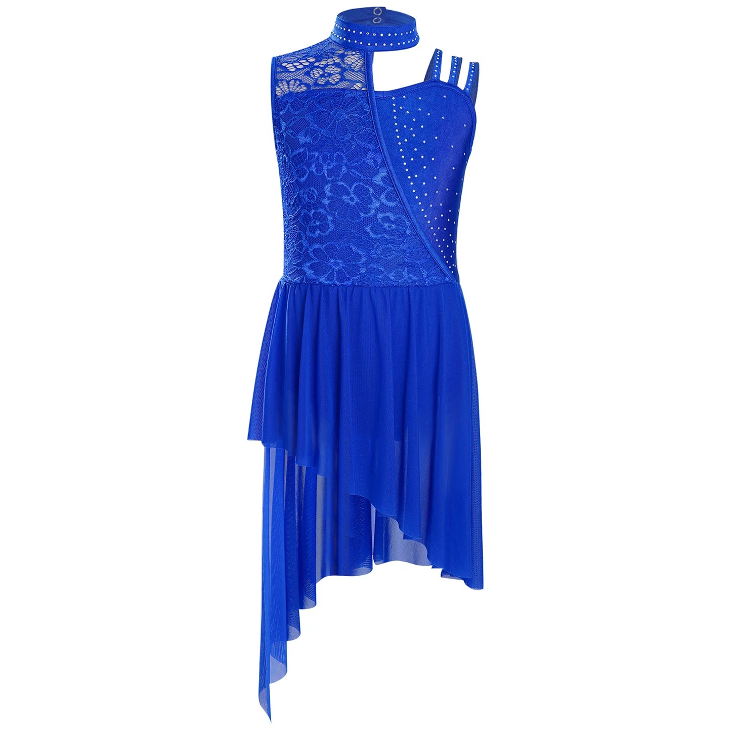 Kids Girls Ballet Lyrical Dance Dress Sleeveless Modern Contemporary Dancewear Floral Lace Rhinestones Gymnastics Leotard Dress
