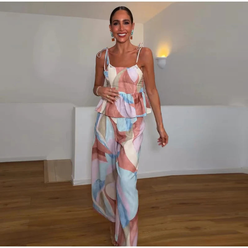 Pastel Print Cami Top Wide Leg Pants Set Ruffle Hem Sleeveless 2026 Summer Vacation Women Co-ord Set Chic Causal Lady Outfit
