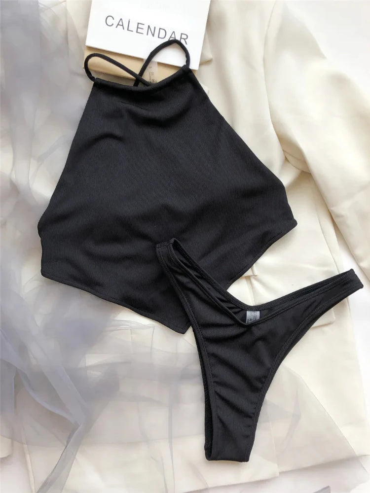 Sexy Halter Bandana Bikinis Set Swimwear Women Thong Swimsuits Backless Bathing Suit Bikini Mujer Swim Wear Biquini Summer