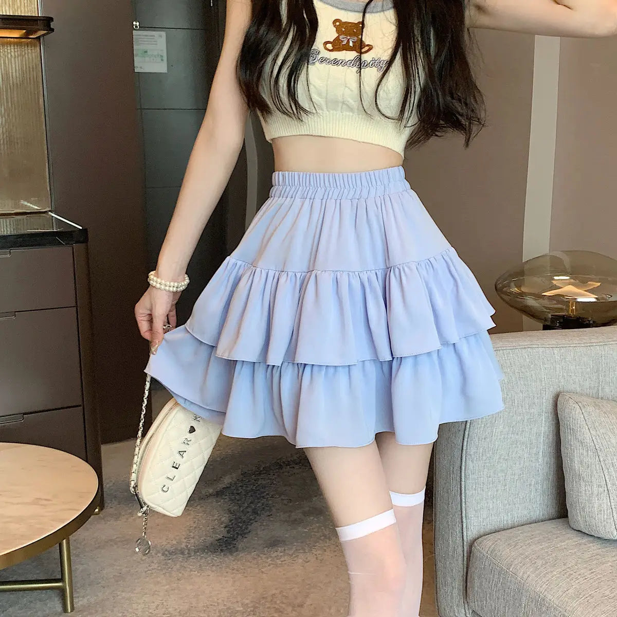 Ruffled Cake Skirts for Women High-waisted A-line Solid All-match Sweet Lovely Girls Korean Style Gentle Spring Kawaii Casual