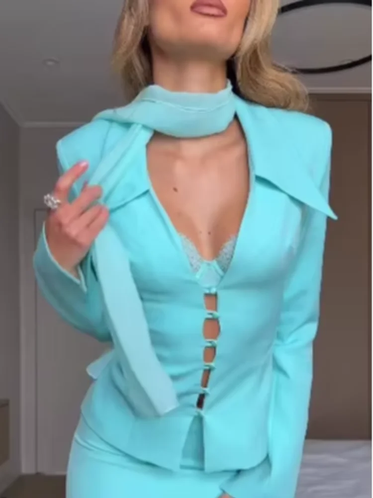 Women Skirt Set V-neck Necktie Detail Cropped Satin Blazer Solid Mini Skirt Elegant Formal Party Office Outfit 2 Piece Suit Y2K
