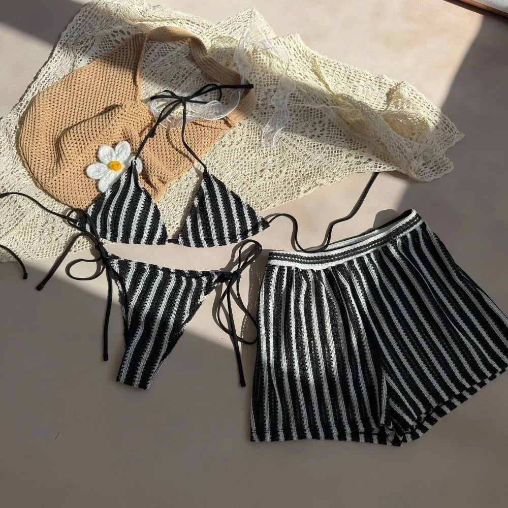 Fashion Stripes 3 in 1 Swimwear Set Lace Up Slim Fit Bikini Bathing Suit Deep-V Sleeveless Knitting Swimsuit Beach
