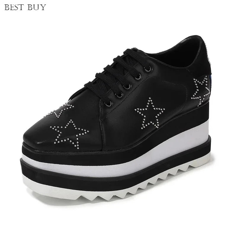 New beige Women Platform Casual Shoes 2024 Spring Black Casual Chunky Sneakers Women Real Leather White Height Increasing Shoes
