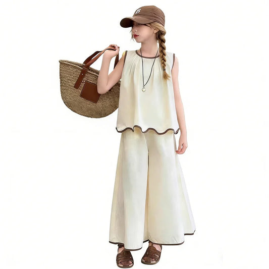 Girls Clothing Sets Fashion Summer Kids Loose Sleeveless Tshirts + Wide Pants 2PCS Casual Children Clothes 6 8 10 12 14 Years