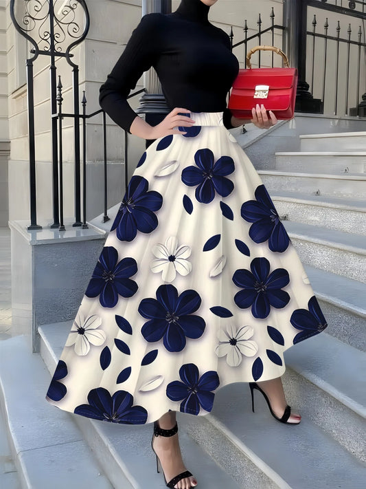 Printed Design suitable for all four seasons Blue White Floral Pattern Print vacation style elegant style Women's Skirt
