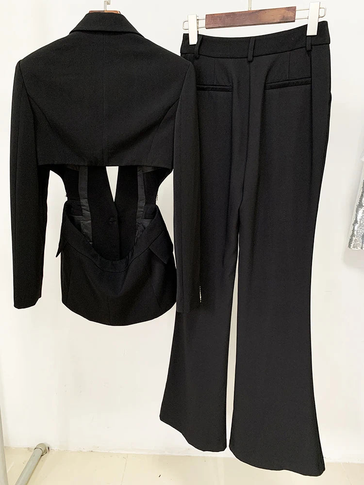 HIGH STREET Newest Fashion 2026 Designer Suit Set Women's Single Button Hollow Out Diamonds Beaded Blazer Flare Pants Set