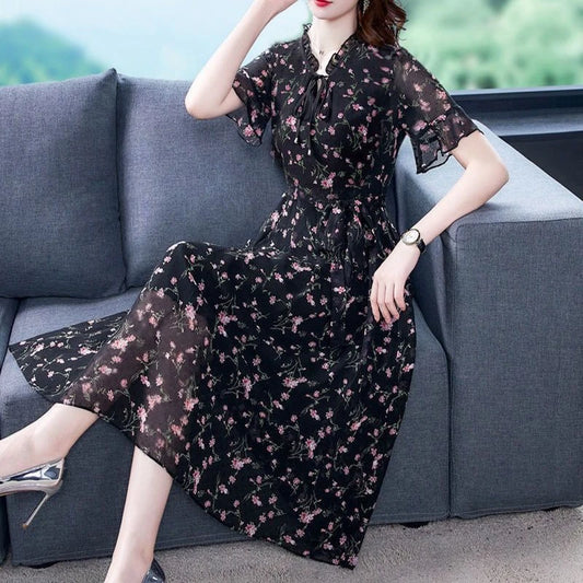 Floral Print Chiffon Maxi Dress Elegant Mom Summer Skirt Long Sleeve High Waist A-Line Silhouette Korean Style Commute Wear