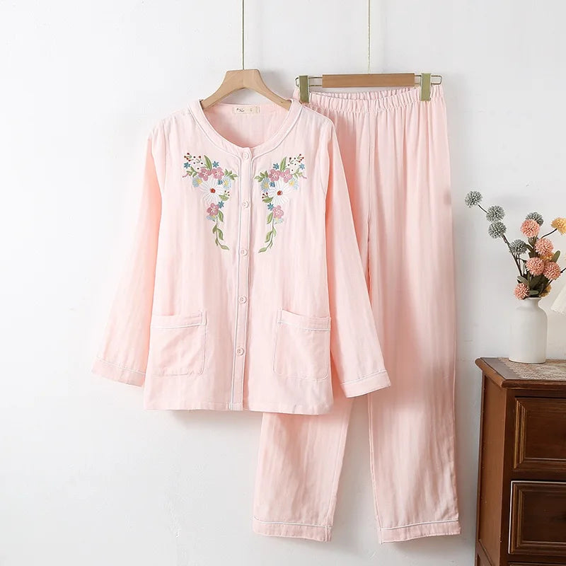 Women 100%Cotton Pajama Style Sleepwear Nightwear embroidery Summer Women's Short Sleeved Long Pants Cardigan Pajama Set