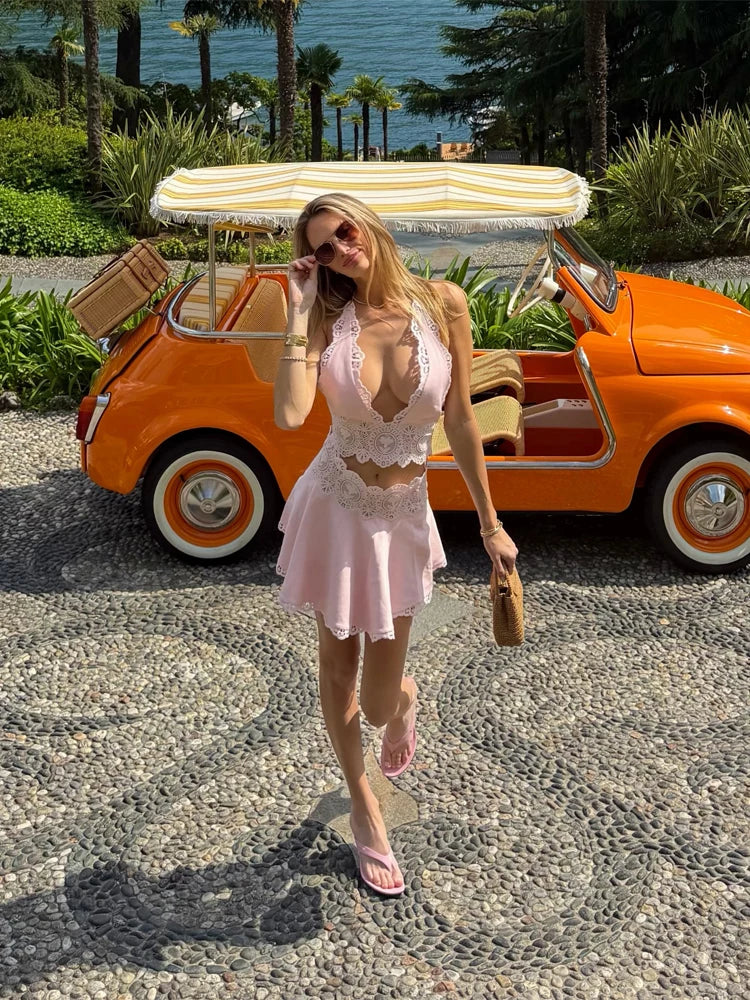Women Lace Patchwork Pleated Slip Green Maix Dress Sexy Spaghetti Strap Sleeveless Backless 2026 Summer Vacation Beach Robe New