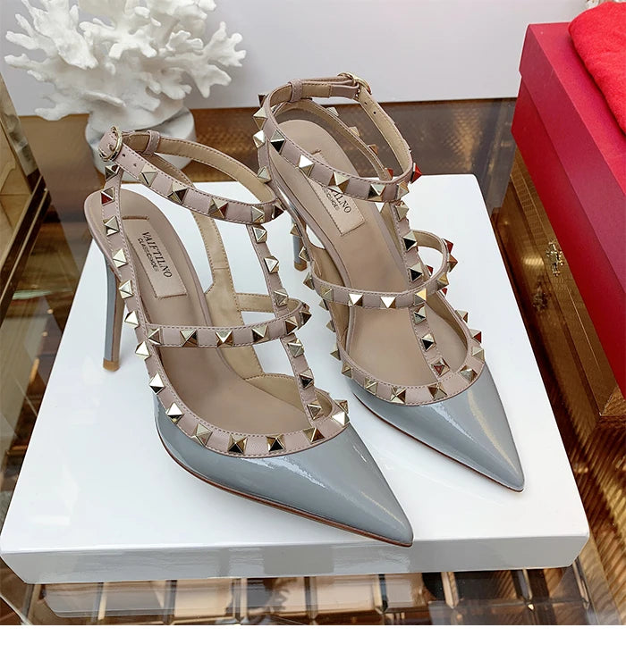 Nude Women's Gladiator sandals Summer 2025 Luxury With Ankle Strap Pointed Toe Fashion Rivet High Heels Party Ladies Shoes Women