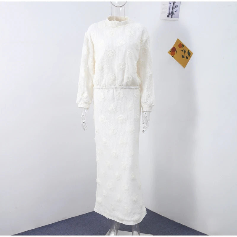 Knitting 3D Flower Tops Long Skirts Sets Women Elegant Lantern Sleeve Top Suit With Hip Package Skirt Lady 2025 Spring Outfits