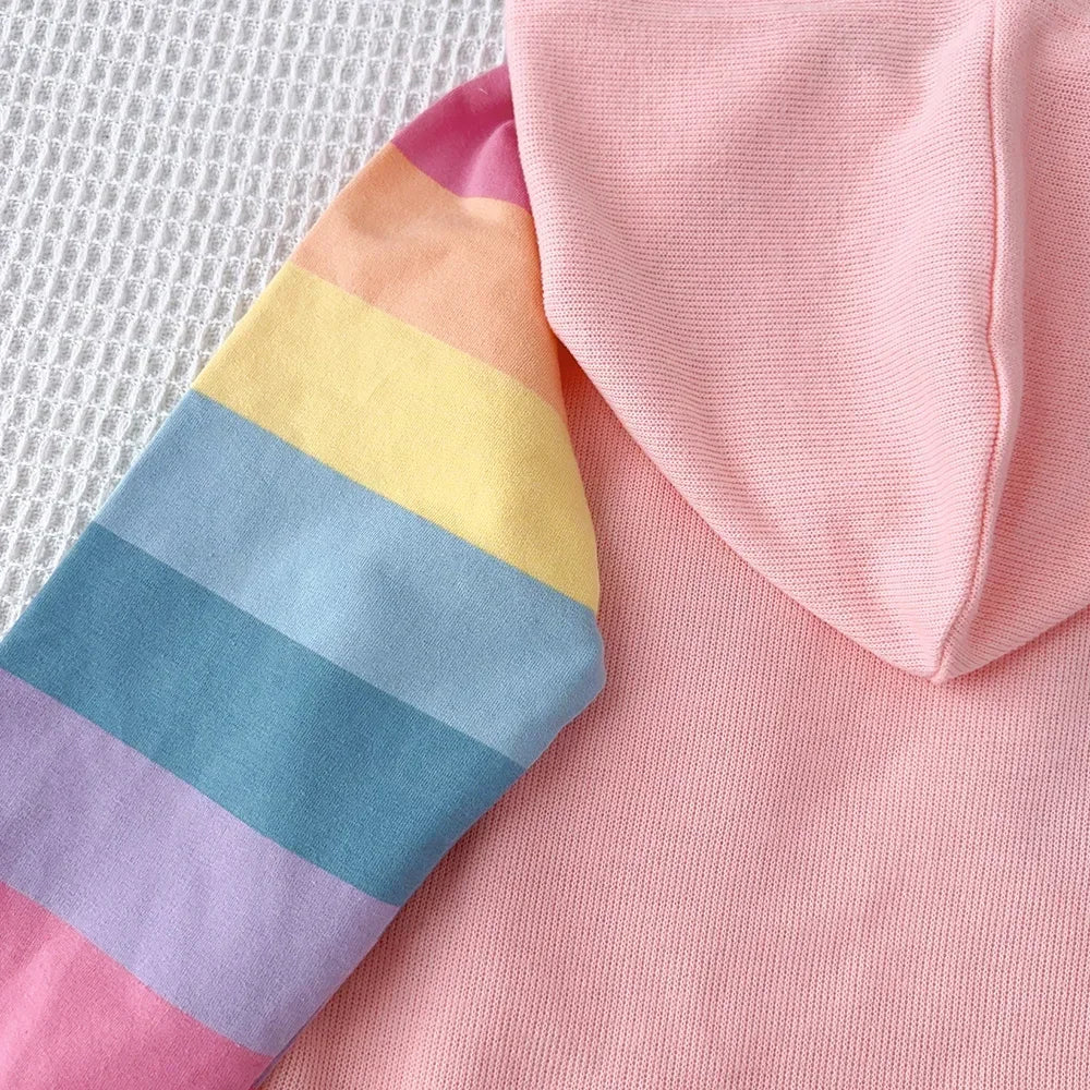 Autumn Rainbow Dress Baby Girls Party Princess Dress Korean Version Long Sleeves Kids Clothes Casual Hooded Sweatshirt Outfits