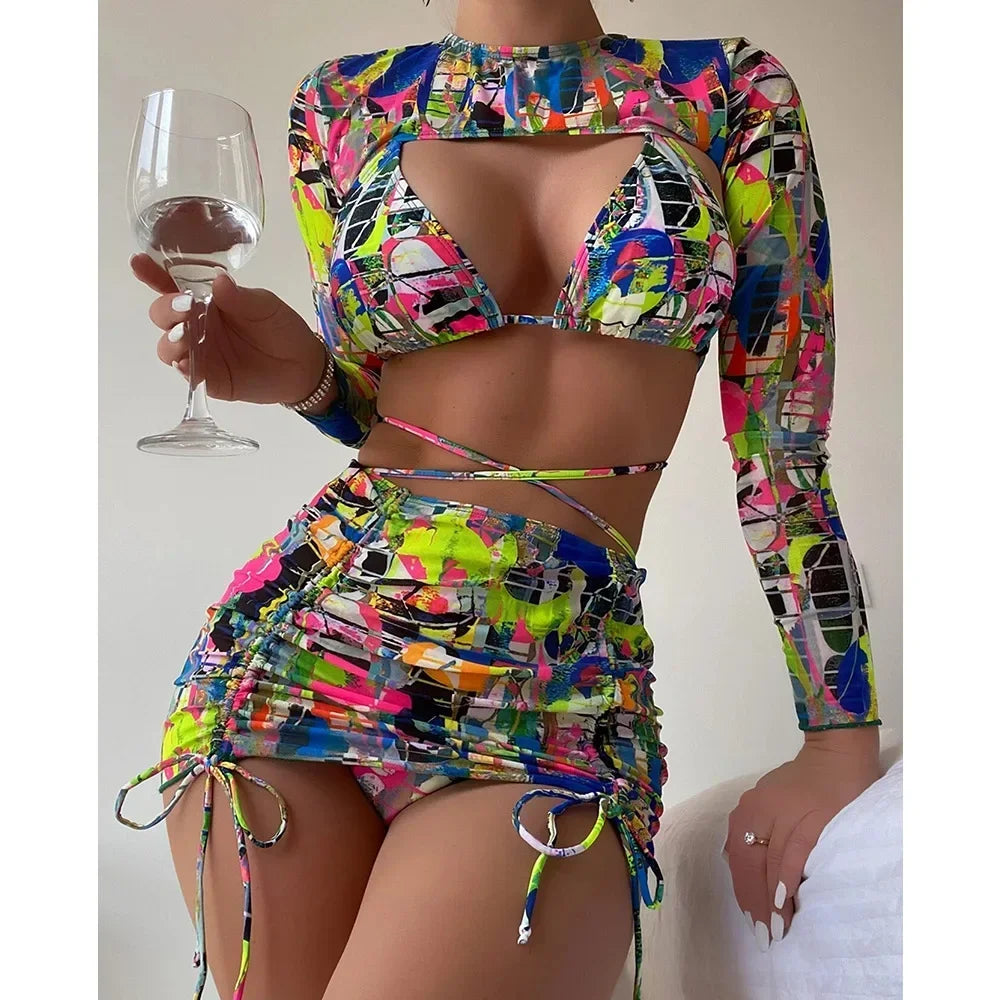 Sexy Printed 4 Piece Bikinis Women Push Up Swimwear With Wrap Long Sleeve Skirt Swimsuit Bathing Suit Beach Wear Female