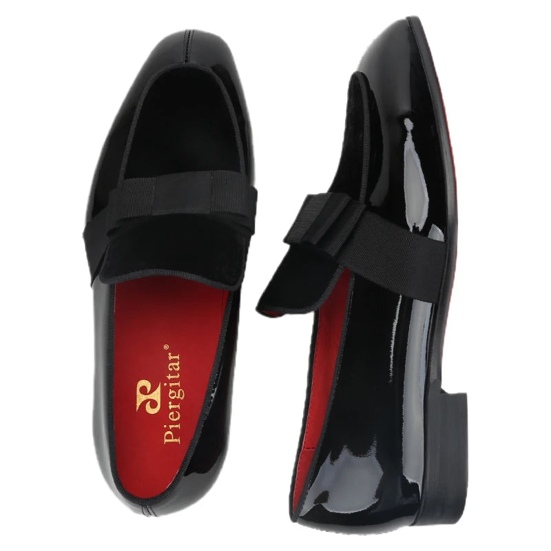 Black Patent Calfskin And Velvet Hand Stitching Men’s Dress Shoe With Grosgrain Ribbon Bow Adorns CL Brand Couture Loafer