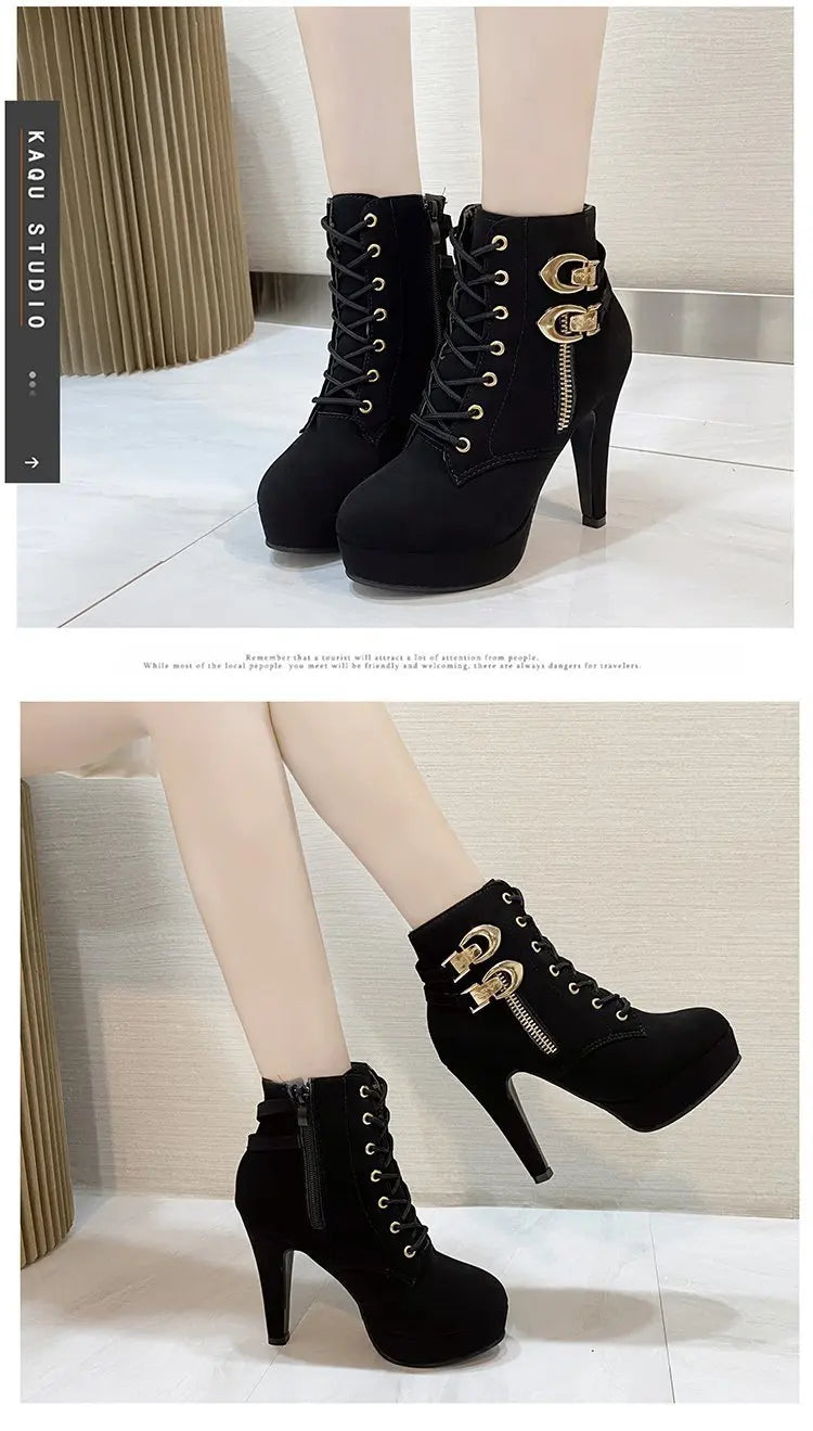 Women High Heels Stiletto Ankle Boots 2025 Autumn Fashion Lace-up Side Zipper Boots Female Platform Solid Color Short Booties