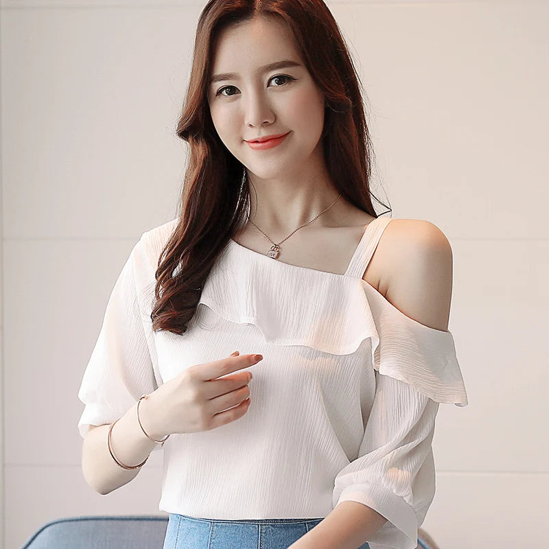 Women's One Shoulder Ruffles Chiffon Blouse Shirt Short Sleeve Pullover Acetate