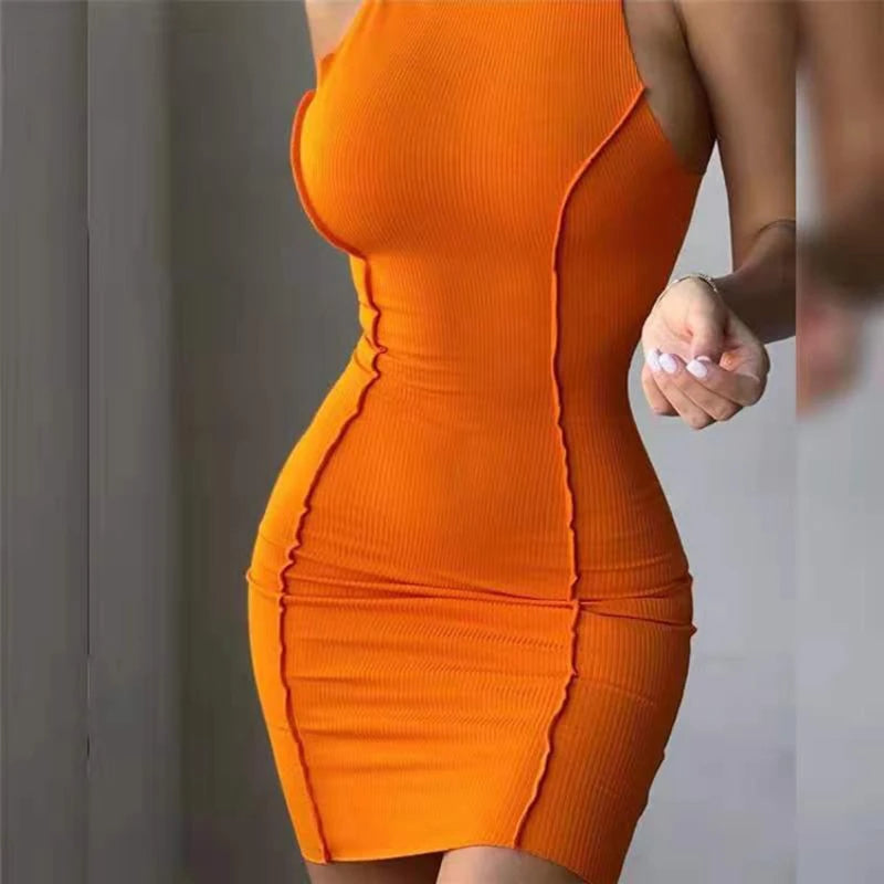 Women Summer Sexy Slim Wrap Hip Dress Solid Patchwork O-neck Sleeveless Mini Dresses INS Fashion High Street Sheath Vestidos