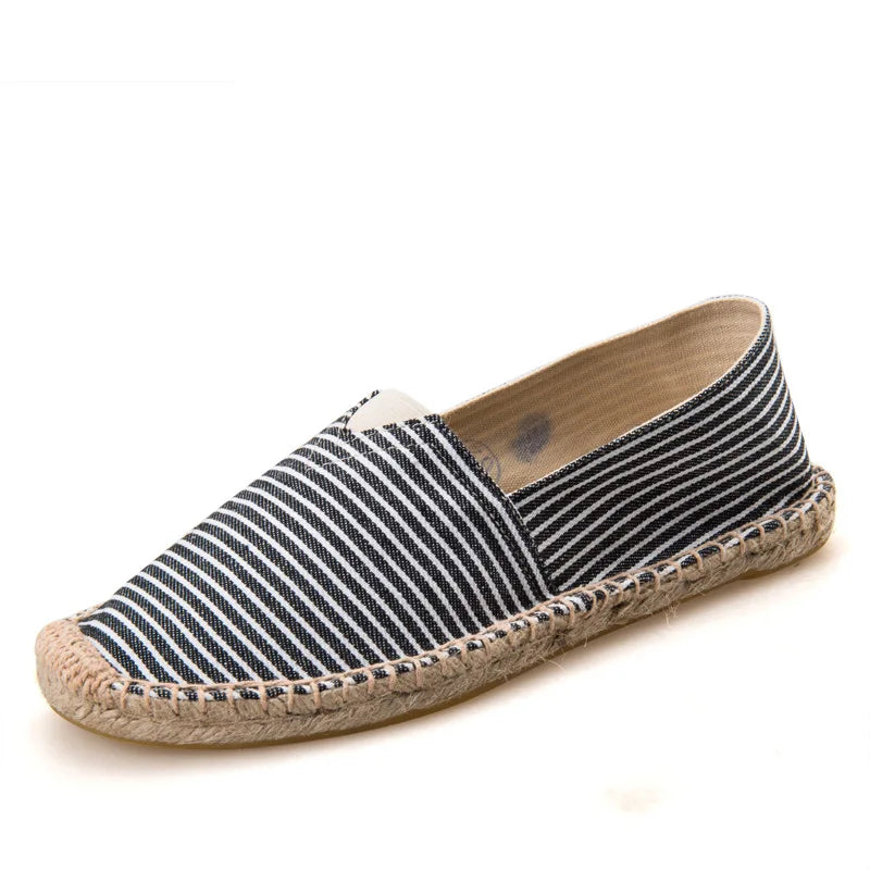 Mens Espadrilles Men Patchwork Slip on Summer Shoes Men Loafers Breathable Canvas Shoes Fashion Jute Wrapped Black Stripe