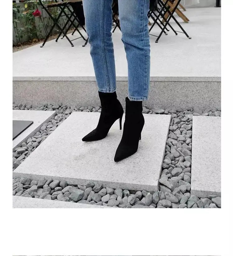 Comemore 2021 Autumn Winter High Heel Women's Shoes Pointed Toe Stiletto Ankle Boots Stockings Black Girls' Socks Boots Dress 34