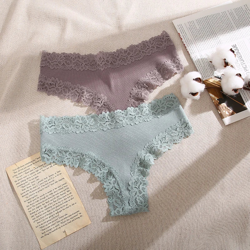 Lace Seamless Brazilian Panties Ribbed Cotton Low Waist Women's Panties Breathable Girls Underwear Plus Size Lingerie S-XL