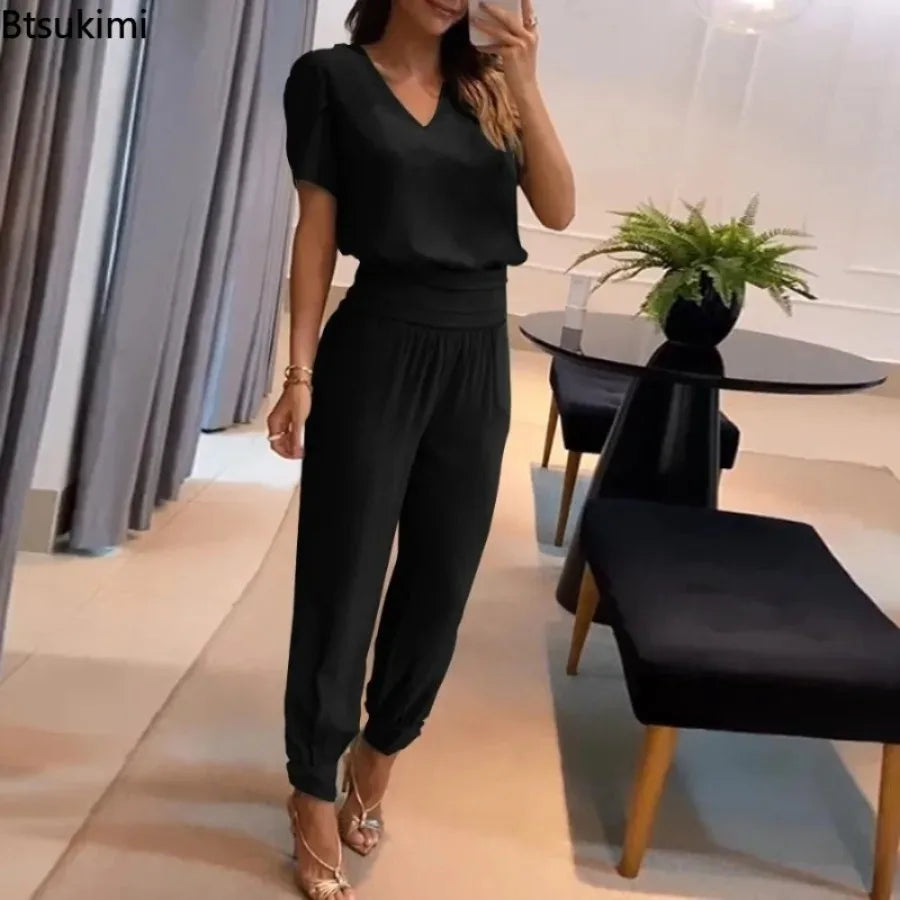 New Women's Summer Tracksuits Pant Sets Fashion Casual V-neck Print Short Sleeve T-shirts and Trousers 2 Piece Sets Women Outfit