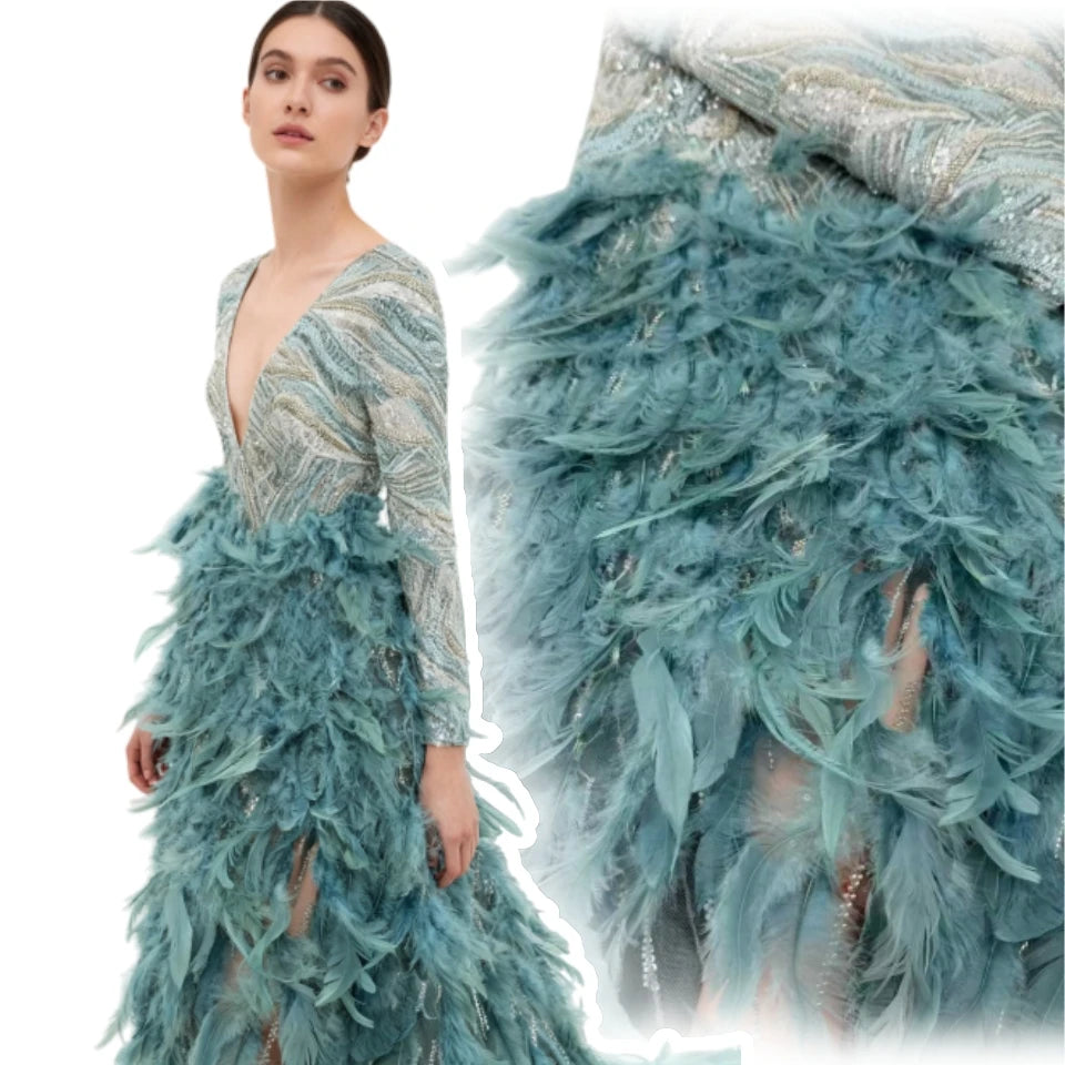 Haute Luxury Handmade 3D Feather Applique Design Fashion African Beaded Net Lace French Fabric Net Lace Evening Dress CC1809