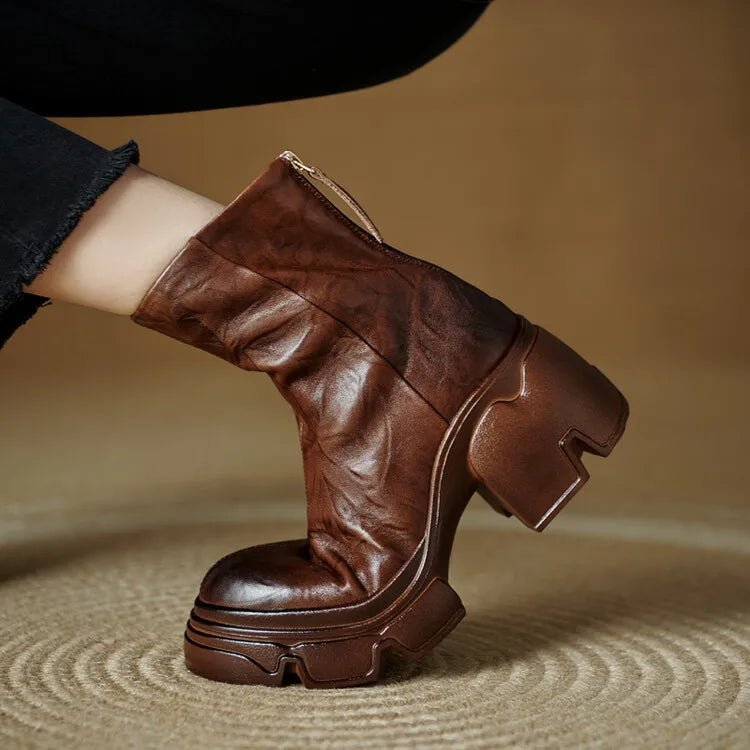 NEW Autumn Women Boots Genuine Leather Shoes for Women Round Toe Chunky Heel Shoes Concise Zip Platform Boots Soft Daily Shoes