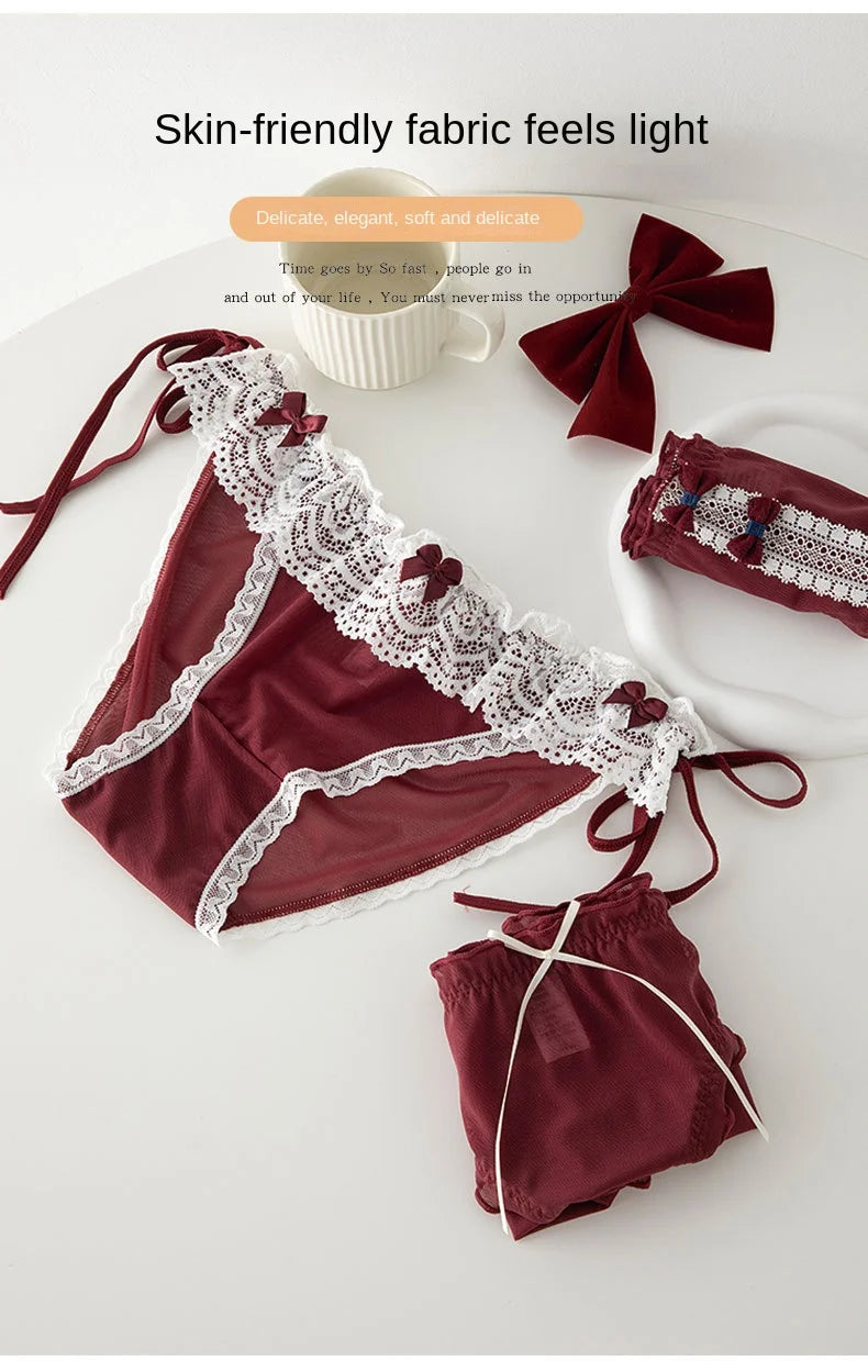 L-XL Women's Underwear Panty Sexy Lace Panties Bowknot Wine Red Brief Med Waist Seamless Underpants Female Lingerie Panties