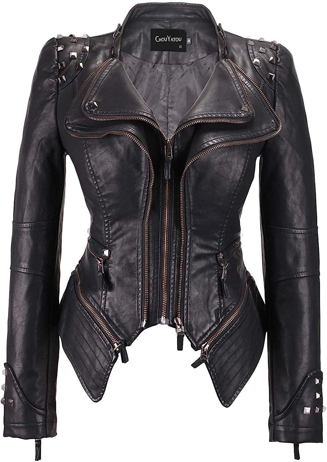 2025 Spring Women PU Leather Jacket With Suit Collar And Rivet Waist