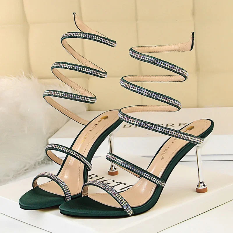 Summer Women 8.5cm High Heels Nightclub Silk Rhinestone Sandals Crystal Ankle Cross Strap Sandles Sexy Strange Gladiator Shoes