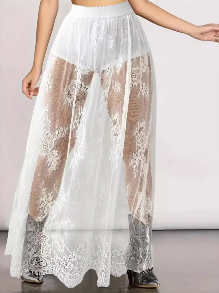 Sexy Solid Color See Through Lace Patchwork Skirt Women Fashion Trendy Chic Y2k Style Skirts Summer Streetwear Female Clothing