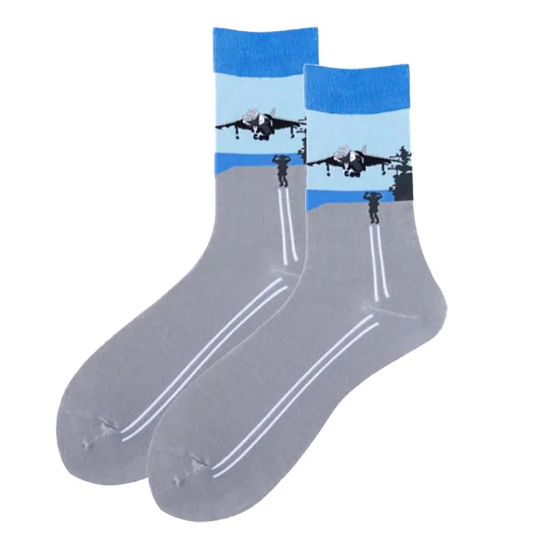 New Fighter Jet Fighter Carrier Aircraft Pattern Socks for Aviation Enthusiasts Stealth Men Crazy Party Crew Socks Cotton