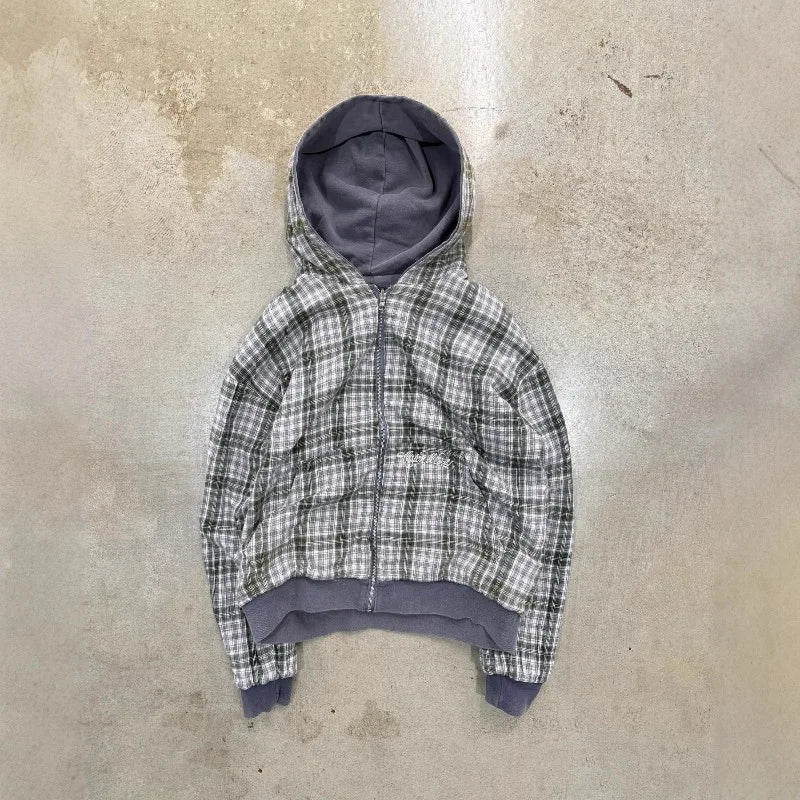 Harajuku Y2K Men's Hoodie Tracksuit Autumn Winter Two-Way Wear Plaid Zip Up Sweatshirt Casual Streetwear Retro Fashion New Style