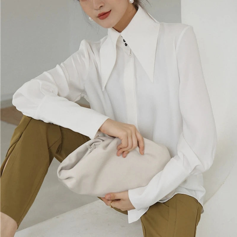 Stylish Elegant Turn Down Collar White Long Sleeve Satin Shirts Fashion Woman Vintage Blouse 2024 Office Lady Tops Blusas 16946