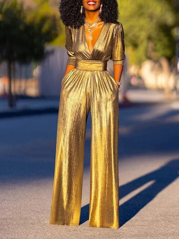 Uoozee Female Fashion Sexy Deep V-neck High Waisted Wide Leg Jumpsuits 2025 New Long Sleeves Solid Color Loose Party Outfits BAZAARHUBO
