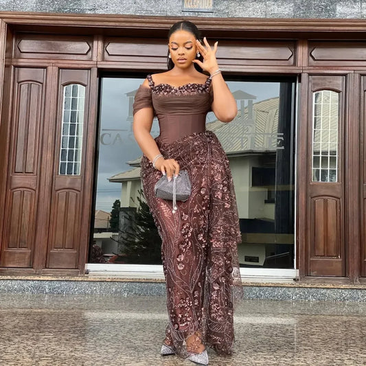 2026 Fabulous Brown Lace Evening Dress African Traditional Wedding Bride Gown with Luxury Beads for Birthday Asoebi