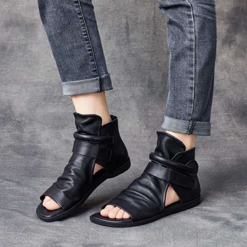 Summer Genuine Leather Cool Boots Women's Vintage Flat Bottom Sandals Women's Topcoat Cowhide Open Toe Zipper Thick Sole Ro