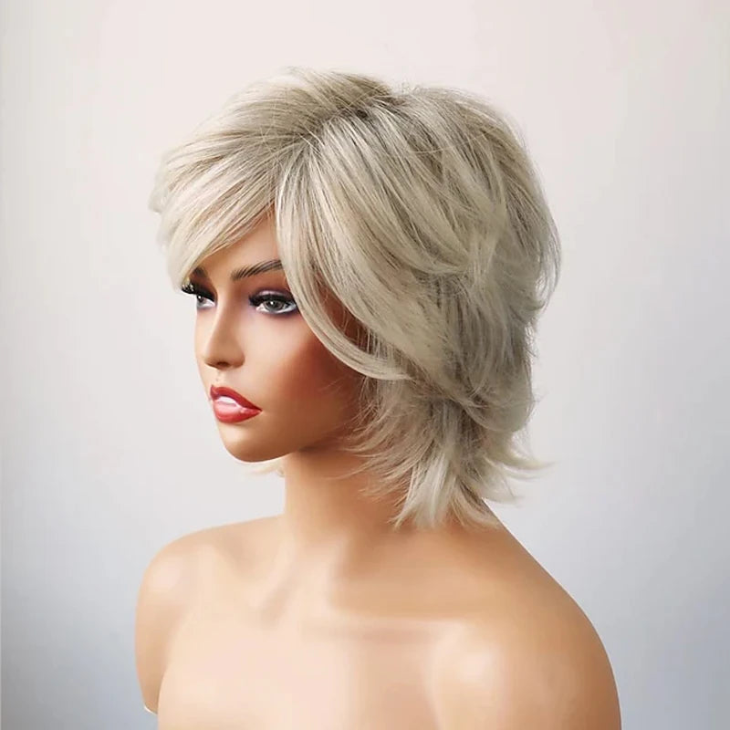 HAIRJOY Synthetic Hair Short Curly Brown Mixed Blonde Highlight Wigs with Bangs for White Women