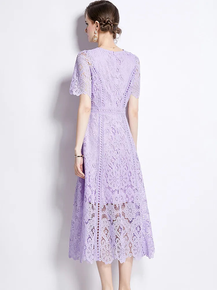 SMTHMA Vintage High-End O-Neck Short Sleeve Lace Hollow Out Dress For Women's Summer Slim Elegant Long Dress Female Clothing