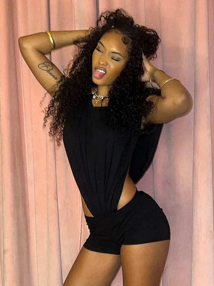 Nibber Coquette Women 2 Piece Bodysuit and Shorts Ruched Shoulders Clubwear