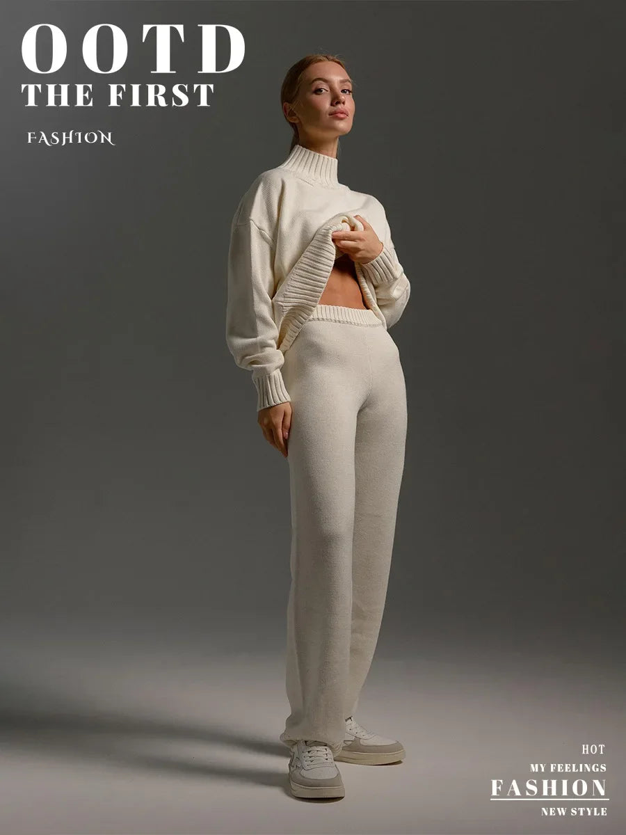 Blubelle Women's Autumn Winter Knit Pullover Sweater Pants Set Mock Neck Loose Fit Soft Cozy Trendy Elastic Waist Fashion Set