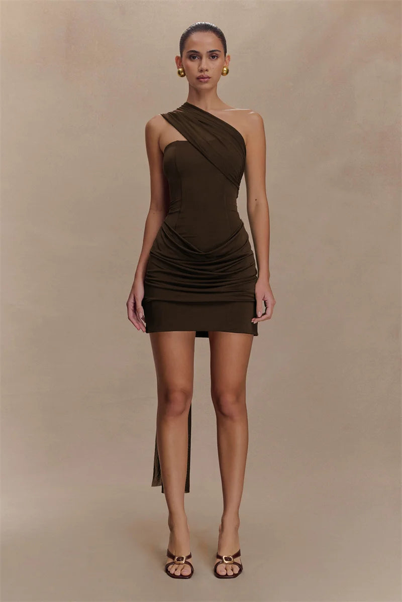 Mozision One Shoulder Backless Mini Dress Women Ruched Bodycon Club Dress